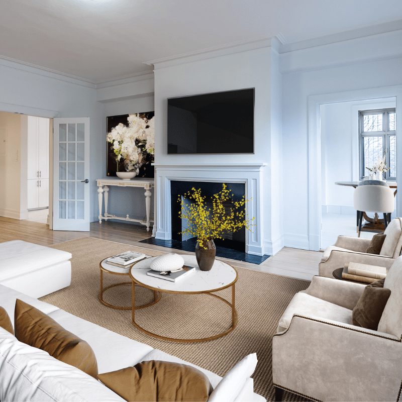 Staged living room at Haddon Hall.